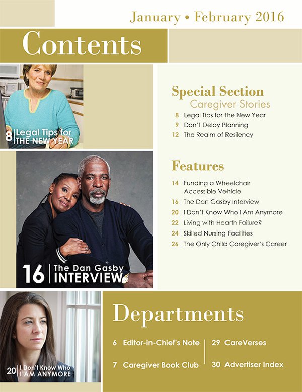Today's Caregiver magazine Jan/Feb Issue - Contents